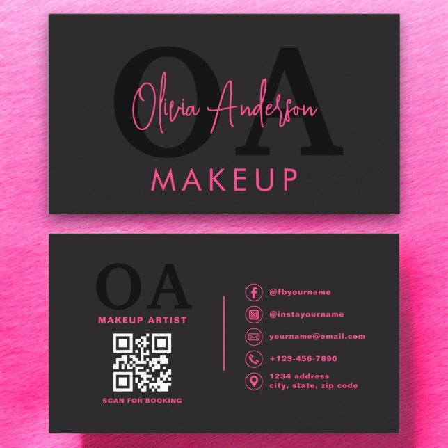 Carte De Visite QR Code maquillage Artiste Hot Pink Black Médias s (Créateur téléchargé)