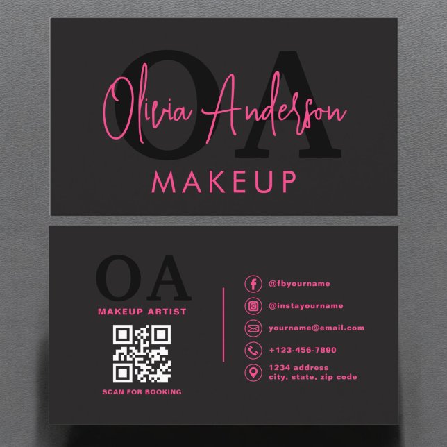 Carte De Visite QR Code maquillage Artiste Hot Pink Black Médias s (Créateur téléchargé)