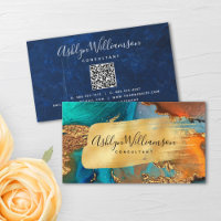 QR Code marbre aquarelle or turquoise script