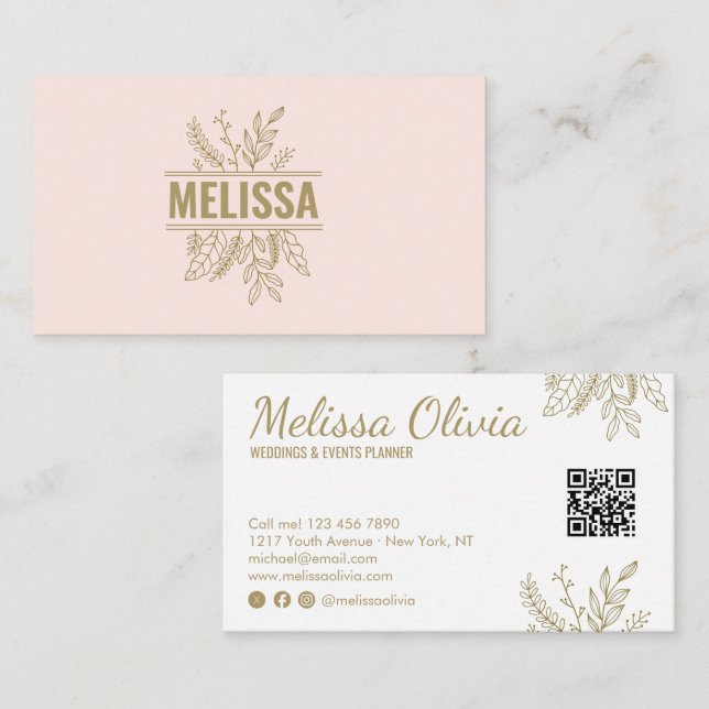 Carte de visite QR Code mariage floral rose élégan (Devant / Derrière)