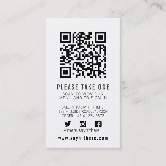 Carte De Visite Qr code menu balayage noir blanc simple (Devant)