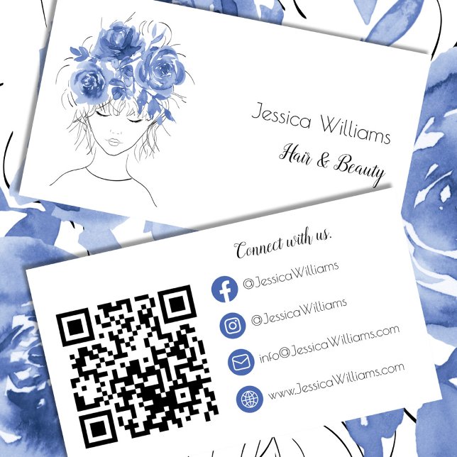 Carte De Visite QR code mignon fille bleu aquarelle rose florale (Créateur téléchargé)