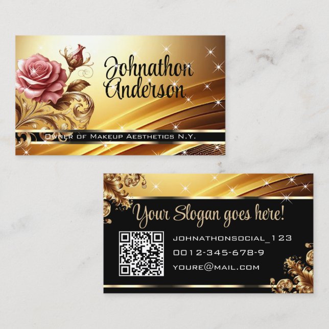 Carte De Visite QR Code Modèle Deluxe Rose d'or Luxe Chic (Devant / Derrière)