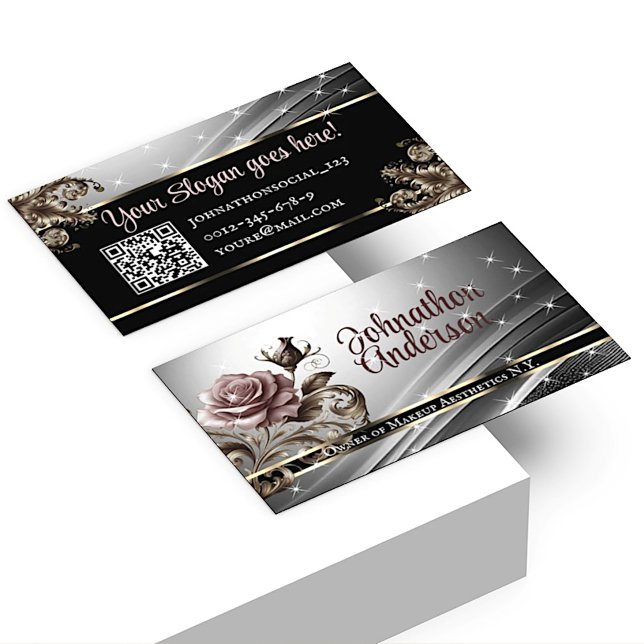 Carte De Visite QR Code Modèle Deluxe Silver Rose Luxe Chic (Créateur téléchargé)