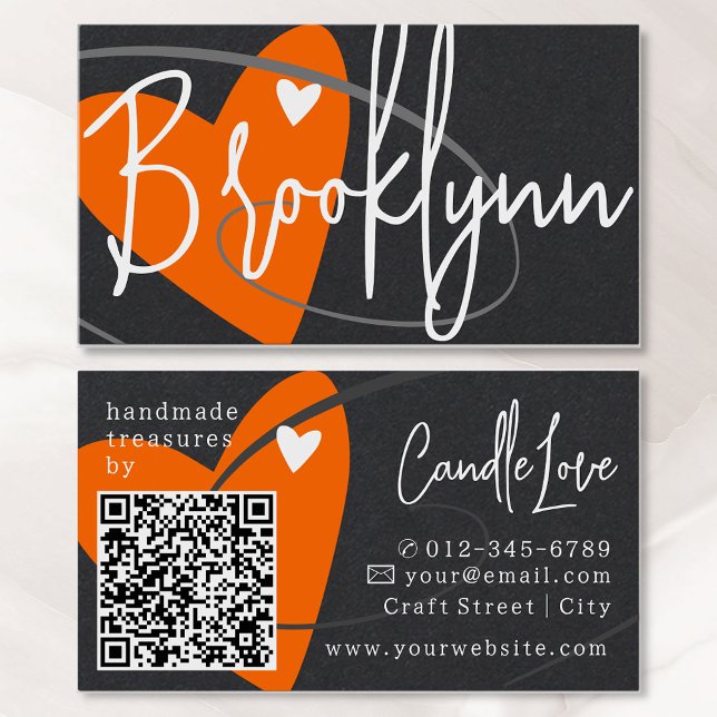 Carte De Visite QR Code Modèle Orange Made Love Coeur Artistes (Créateur téléchargé)
