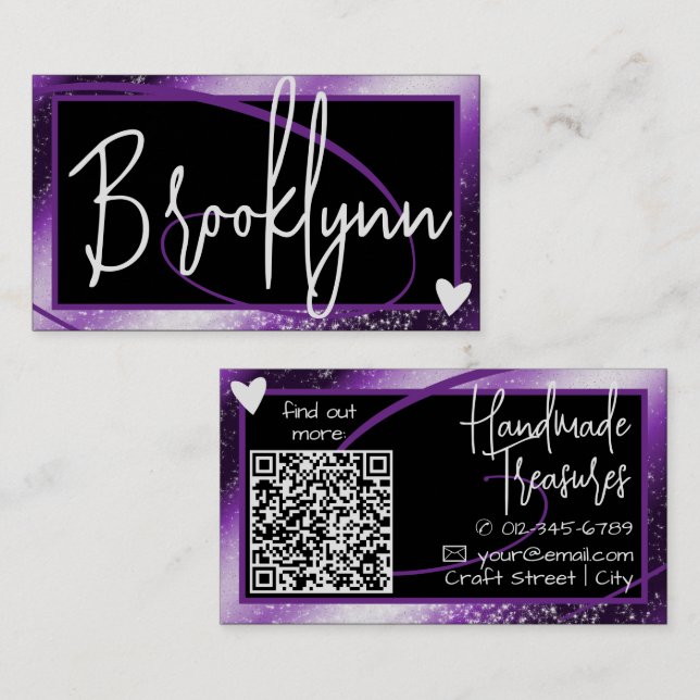 Carte De Visite QR Code Modèle Style Purple Ombre Frame Heart (Devant / Derrière)