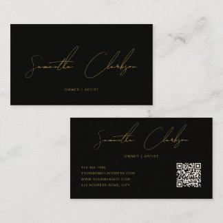Carte De Visite QR Code Modern Black & Gold Handwritten Script