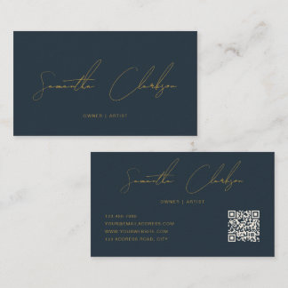 Carte De Visite QR Code Modern Navy Blue & Gold Handwritten Script