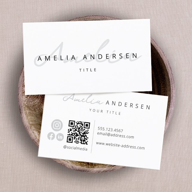 Carte De Visite QR Code Modern White Script professionnel (Créateur téléchargé)
