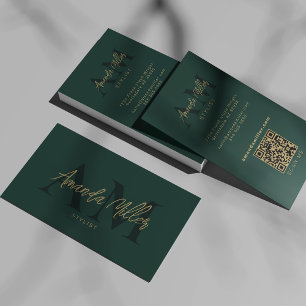Carte De Visite QR Code Moderne Minimaliste Monogramme Emerald Gre
