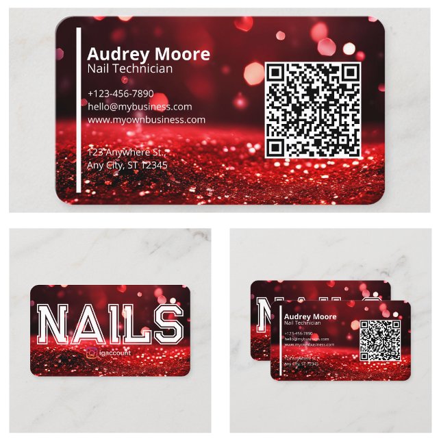 Carte De Visite QR Code Moderne Parties scintillant Rouge Professi (QR Code Modern Red Glitter Professional Nail Tech Business Card
)
