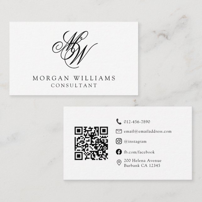 Carte De Visite QR Code Moderne Professionnel Noir Blanc (Devant / Derrière)
