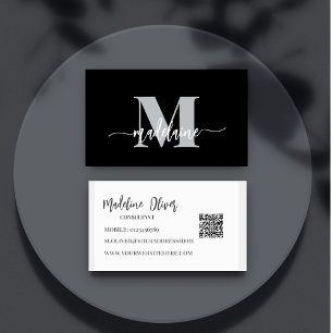 Carte De Visite QR Code Monogramme Noir Élégant