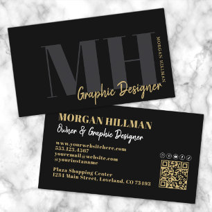 Carte De Visite QR Code Monogramme Tendance Noir Or