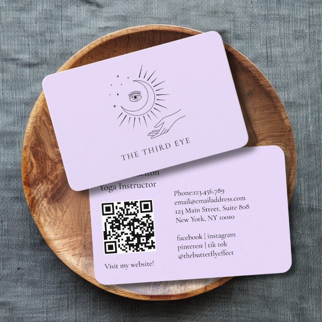 Carte De Visite QR Code- Moon Eye Yoga Reiki Wellness  (QR Code- Moon Eye Yoga Reiki Wellness Purple Business Card)