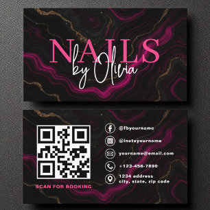 Carte De Visite QR Code Nail Spécialiste Artiste Rose Black Agate