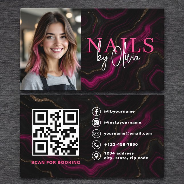 Carte De Visite QR Code Nail Spécialiste Photo Marbre rose chaud (Créateur téléchargé)