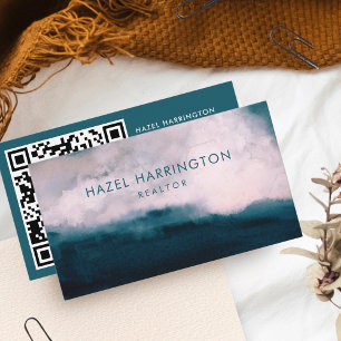 Carte De Visite QR Code numérable aquarelle Moody Turquoise rose