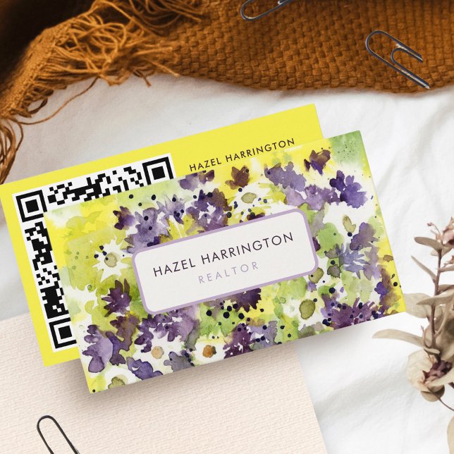 Carte De Visite QR Code numérisable Abstrait aquarelle florale Art (Créateur téléchargé)