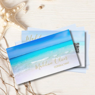 Carte De Visite QR Code Ocean Beach Sea Travel Aqua Blue Gold