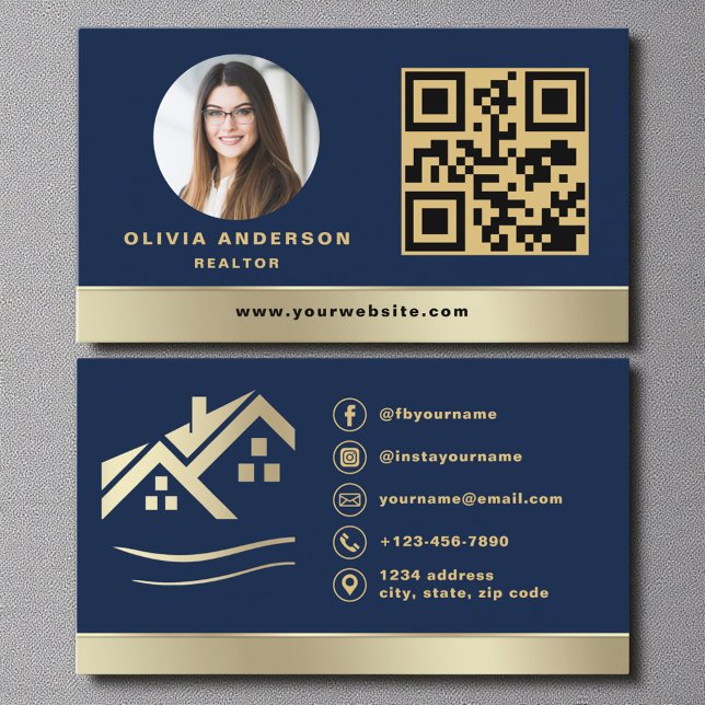 Carte de visite QR Code Or Maison Bleu Nuit Immobi (Créateur téléchargé)