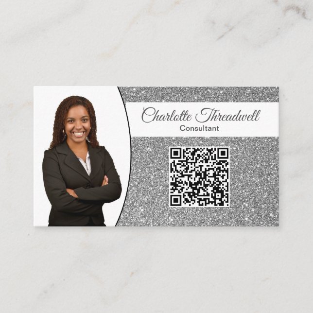 Carte De Visite QR Code Personnalisé avec Paillettes Argentées Pro (Devant)