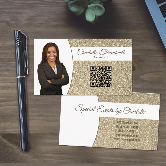 Carte De Visite QR Code Personnalisé avec Paillettes Dorées Subtil (Créateur téléchargé)