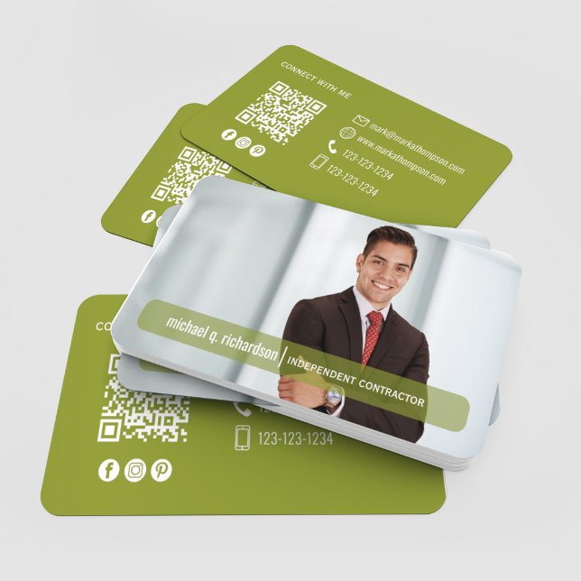 Carte De Visite QR Code Photo Contact Olive Green Modern  (Olive green QR code photo business cards stacked with modern contact design)