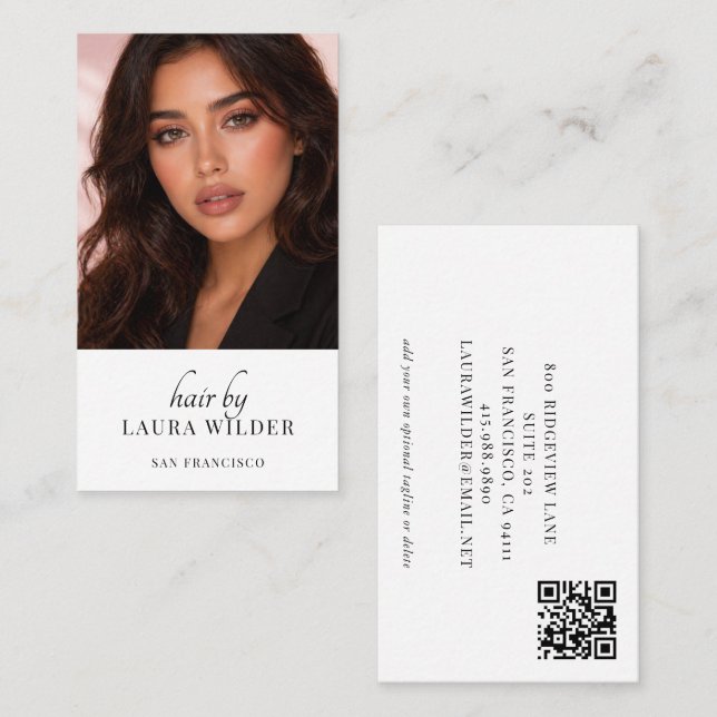 Carte de visite QR Code photo de coiffeur moderne (Devant / Derrière)