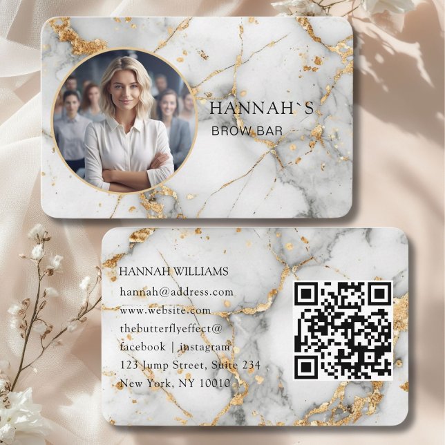 Carte De Visite QR-Code, Photo, Marbre, Or-blanc, Salon (QR-Code, Photo, Marble, White-Gold, Salon Business Card)