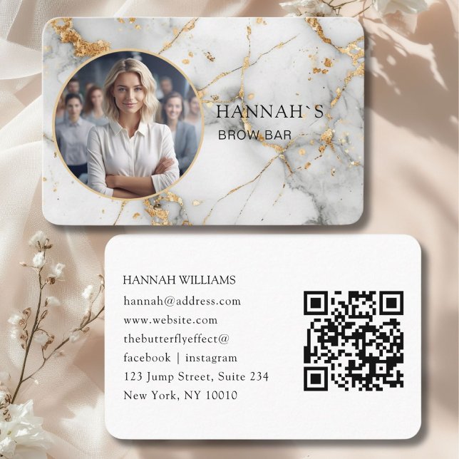 Carte De Visite QR-Code, Photo, Marbre, Or-blanc, Salon (QR-Code, Photo, Marble, White-Gold, Salon Business Card)