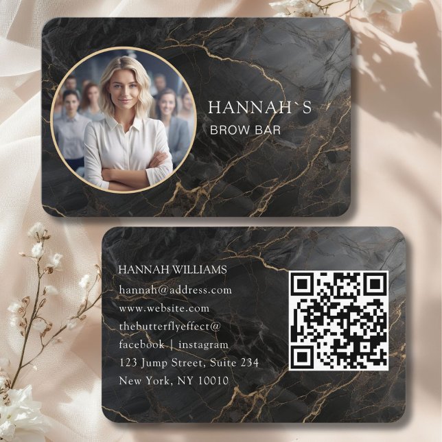 Carte De Visite QR-Code, Photo, Marbre, Or noir, Salon (QR-Code, Photo, Marble, Black-Gold, Salon Business Card)