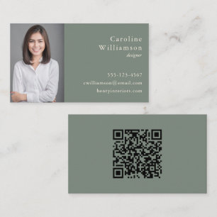 Carte De Visite QR Code Photo Professionnel Vert Sauge Minimaliste