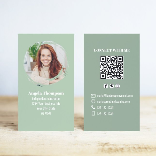 Carte de visite QR Code Photo Verte Connectez-vous (Green photo business card with QR code template.)