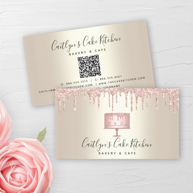 Carte De Visite QR Code Pink Cake Bakery Dessert Parties scintilla (Créateur téléchargé)