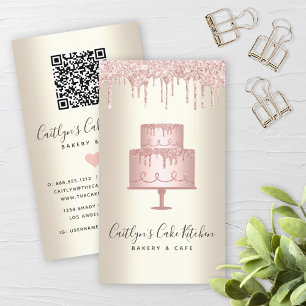 Carte De Visite QR Code Pink Cake Parties scintillant Drift Gold B