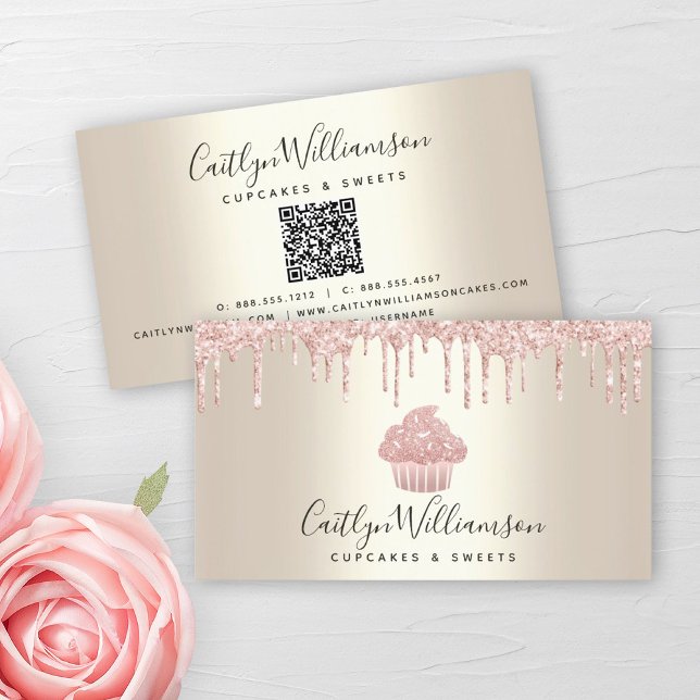 Carte De Visite QR Code Pink Cupcake Bakery Chef Glitter Drip Gold (Créateur téléchargé)