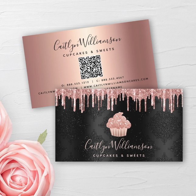 Carte De Visite QR Code Pink Cupcake Glitter Drips Bakery Black (Créateur téléchargé)
