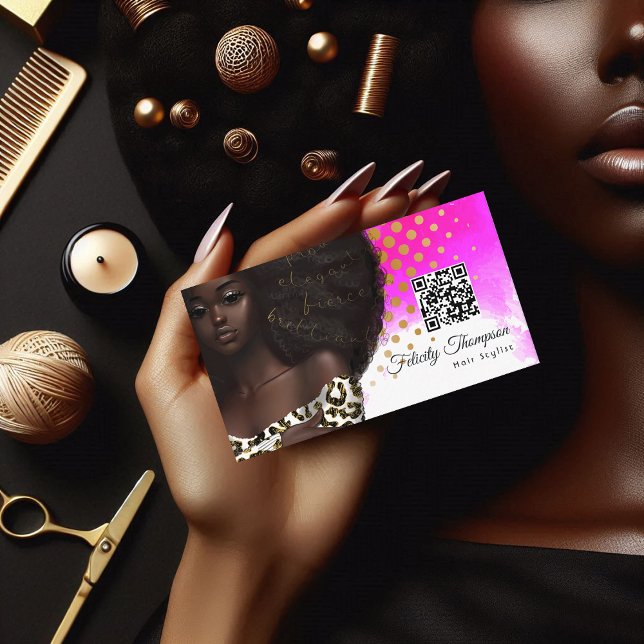 Carte de visite QR Code pour coiffeur afro-américa (African American Hairdresser QR Code Business Card)