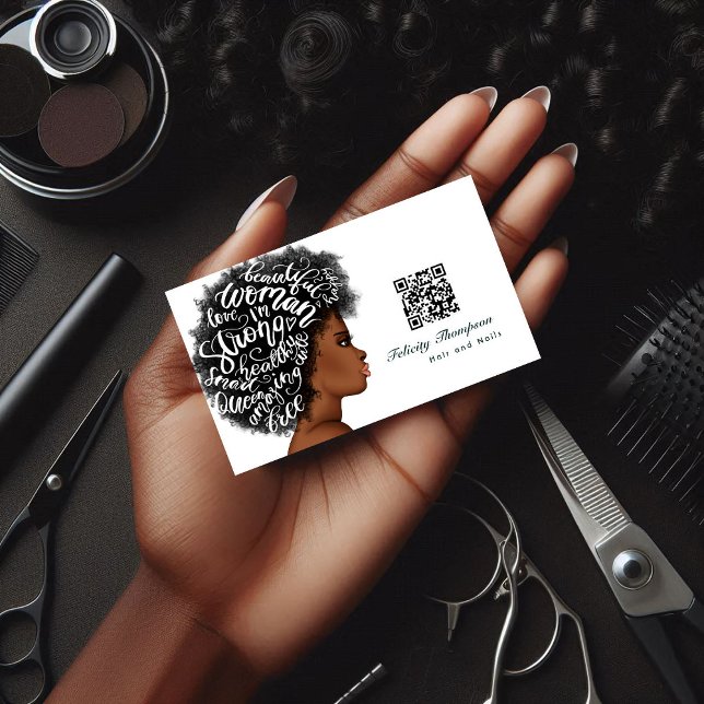 Carte de visite QR Code pour coiffeur afro-américa (Hair Stylist Business Card)