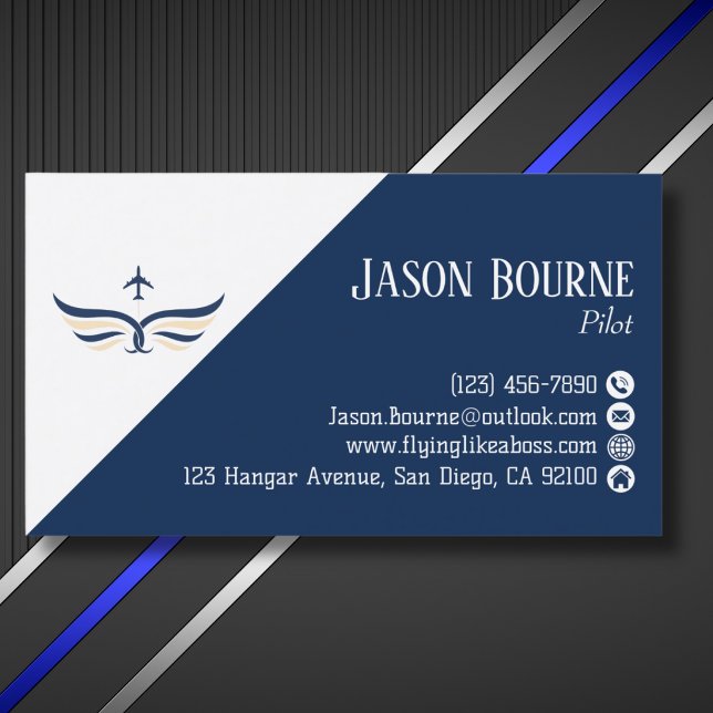 Carte De Visite QR Code Professionnel Aviation Bleu Marine Blanc (Créateur téléchargé)