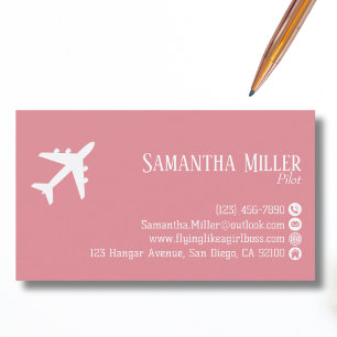 Carte De Visite QR Code Professionnel Aviation Rose Blanc Personna