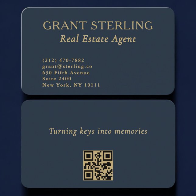 Carte De Visite QR Code Real Estate Agent Navy Blue Gold  (Créateur téléchargé)