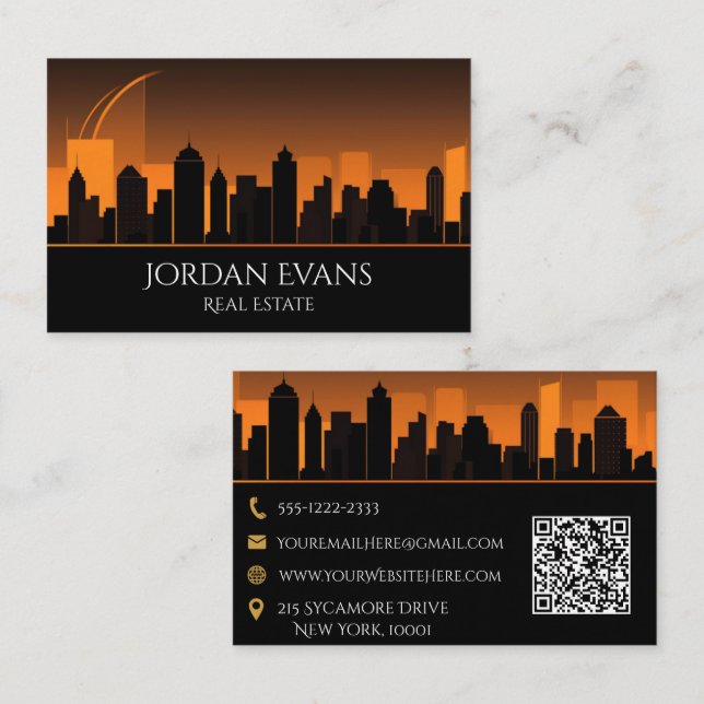Carte De Visite QR Code Real Estate City Skyline Orange et Noir (Devant / Derrière)