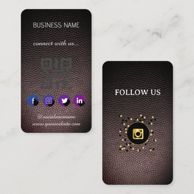 Carte de visite QR Code Réseaux Sociaux en cuir no (Devant / Derrière)