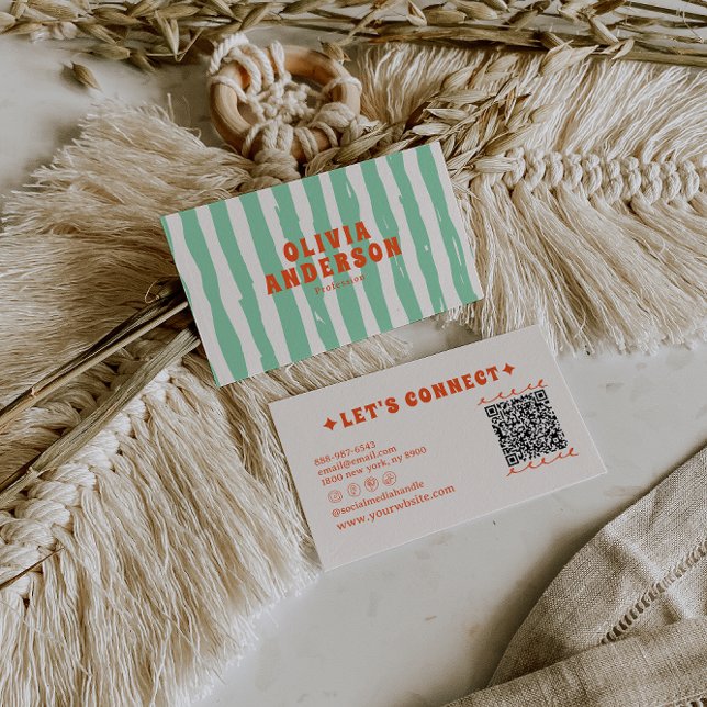 Carte De Visite QR Code Retro Green Boho Super unique tendance amu (Créateur téléchargé)