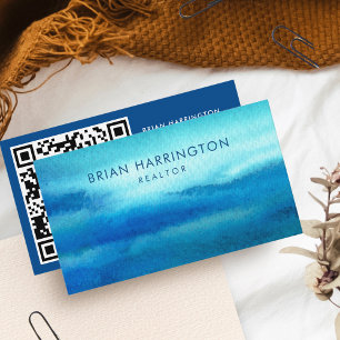 Carte De Visite QR Code Scannable Bleu Aquarelle Côtière tendance