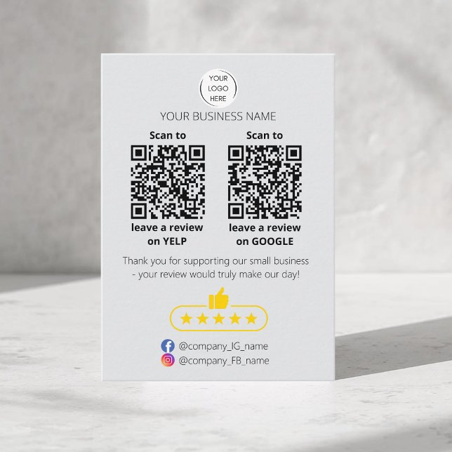 Carte De Visite QR code small business review GOOGLE and YELP  (QR-code "leave a review" business card. Five stars review. Custom logo, yelp and google)