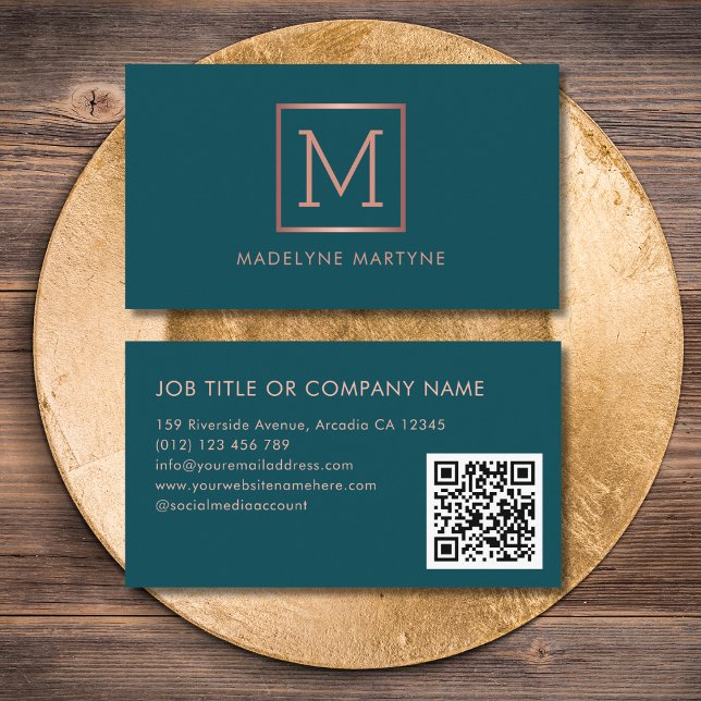 Carte De Visite QR Code Turquoise Rose or Monogramme élégant (Créateur téléchargé)