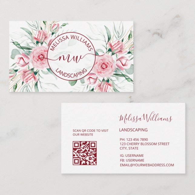 Carte De Visite QR Code |  Watercolor Pink Roses Logo (Devant / Derrière)